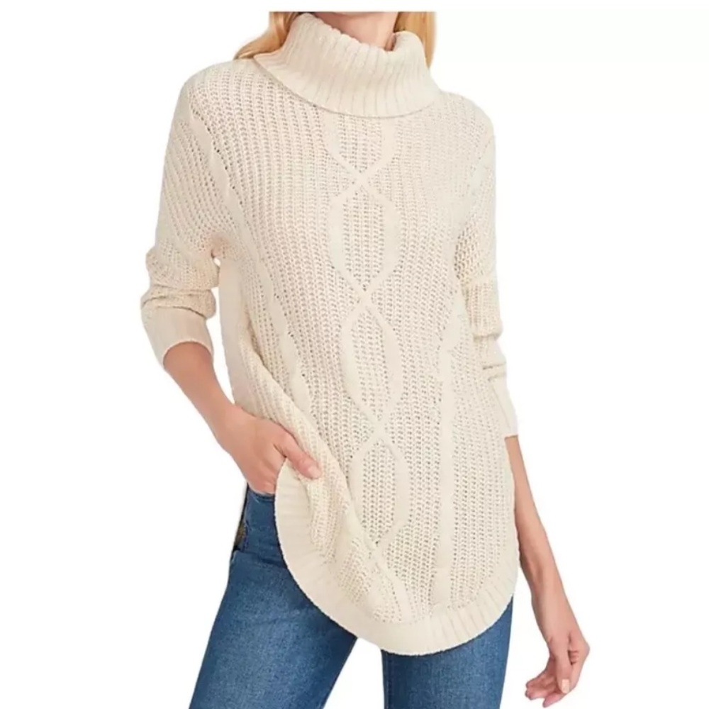 EXPRESS COWL NECK CABLE KNIT CIRCLE HEM SWEATER 3/4 Sleeve Sz M Cream Ivory